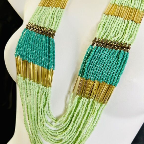Stunning Waterfall Turqoise Green Gold Multi Strand Seed Bead Statement Necklace - Picture 2 of 15